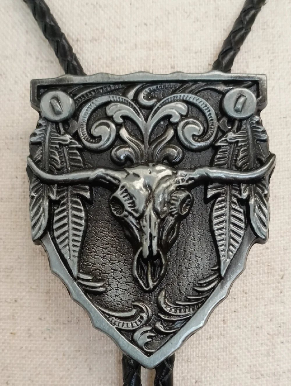 Western Bolo Tie Necklace Ornate Silver Shield Black Cord Vintage Style